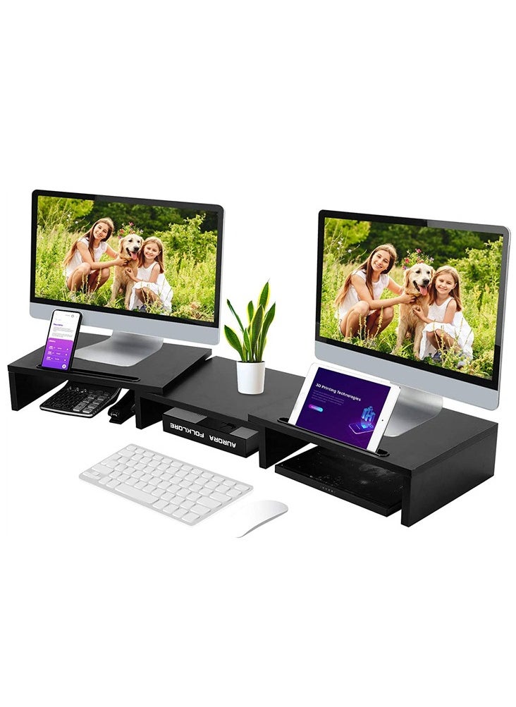 MIXDE Dual Monitor Stand Riser, Monitor Stand with Adjustable Length and Angle, Wood Monitor stand for desk, Monitor Riser for 2 monitors with Storage Space (Black )  - Image 1