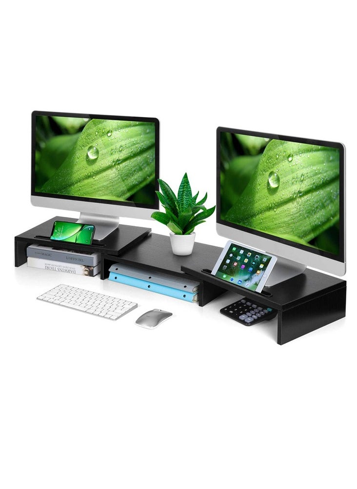 MIXDE Dual Monitor Stand Riser, Monitor Stand with Adjustable Length and Angle, Wood Monitor stand for desk, Monitor Riser for 2 monitors with Storage Space (Black )  - Image 3