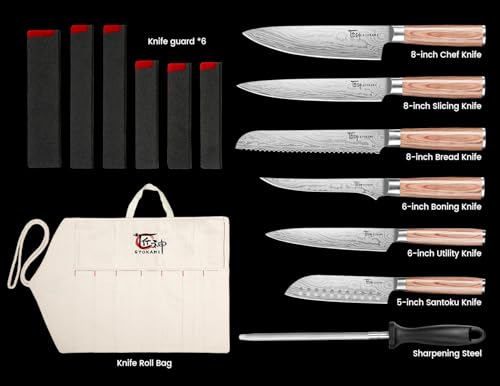 SYOKAMI 14pcs Chef Knife Set with Roll Bag, Professional Stainless Steel Japanese Knife Set with Pakkawood Handle for Professional Chef, Camping, Travel, BBQ, RV or Gift Beige - Image 5
