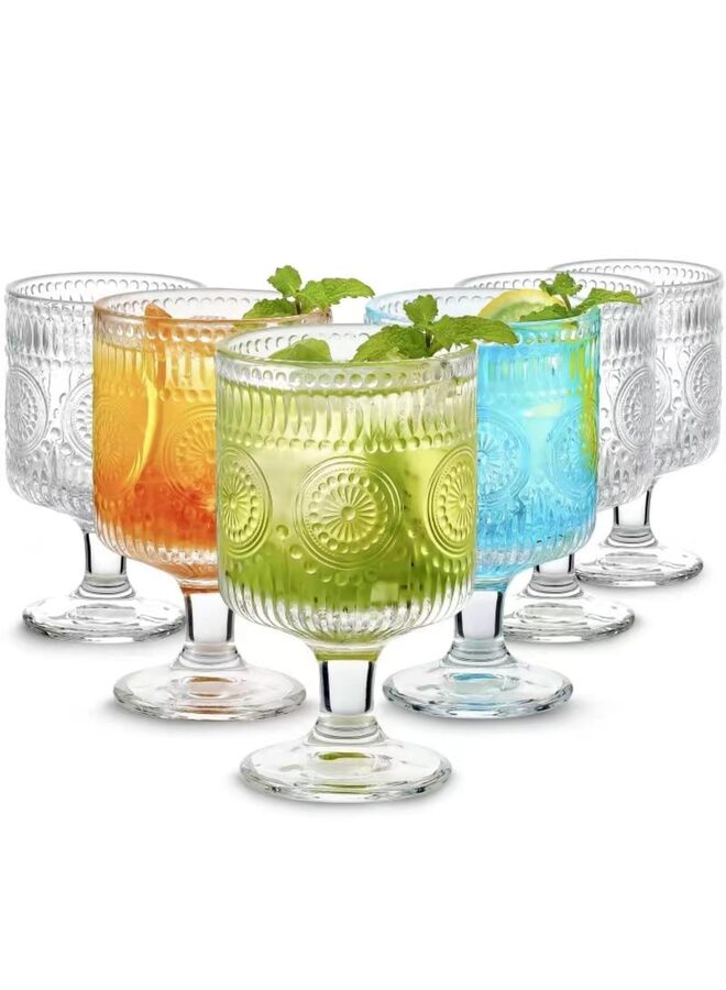 6PCS Vintage Goblet Glasses, 8 Oz Wine Glasses, Embossed Floral Glass Cups Set Clear Drink Glasses Bar Tumbler Glassware for Iced Tea Wine Beer - Image 1
