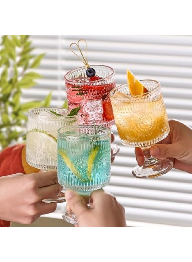 6PCS Vintage Goblet Glasses, 8 Oz Wine Glasses, Embossed Floral Glass Cups Set Clear Drink Glasses Bar Tumbler Glassware for Iced Tea Wine Beer - Image 3