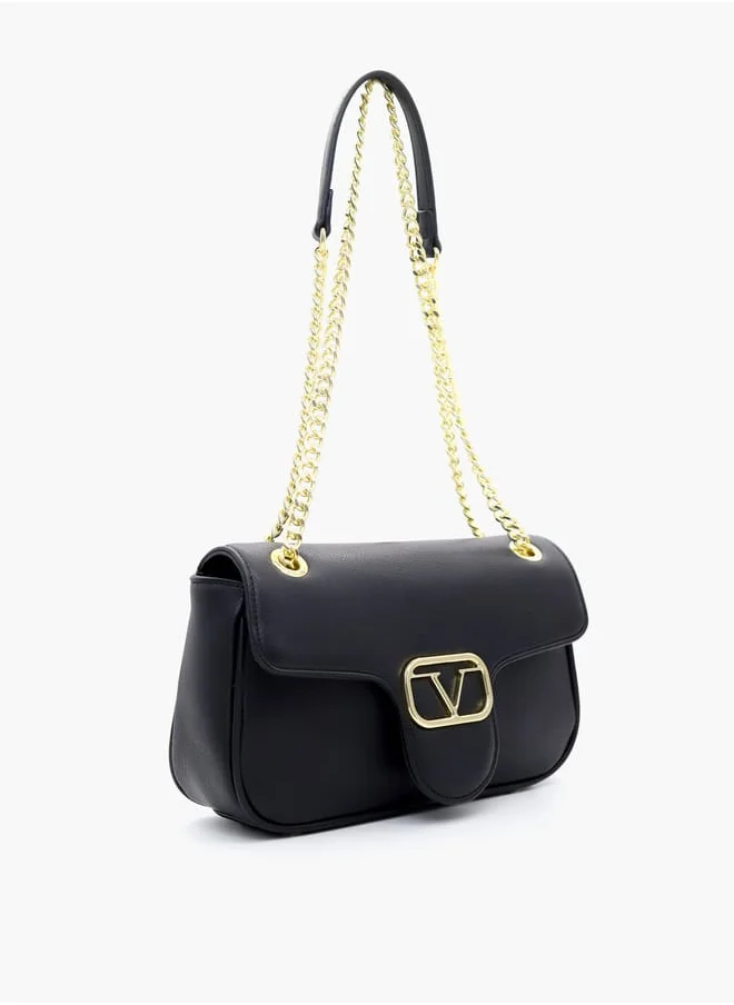 V إيطاليا Solid Shoulder Bag with Chain Strap and Flap Closure