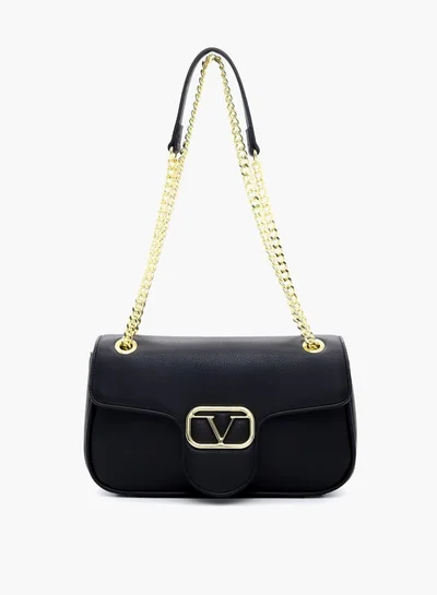 V Italia Solid Shoulder Bag with Chain Strap and Flap Closure