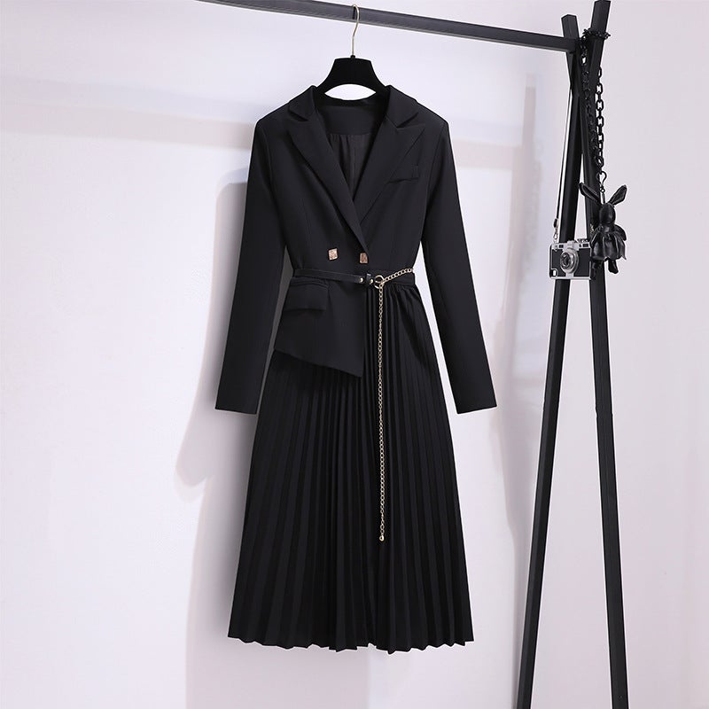 Spring 2023 New Korean Style All-match Casual Lapel Skirt Fake Two-piece Jacket Pleated Skirt Suit Dress for Women Black - Image 1