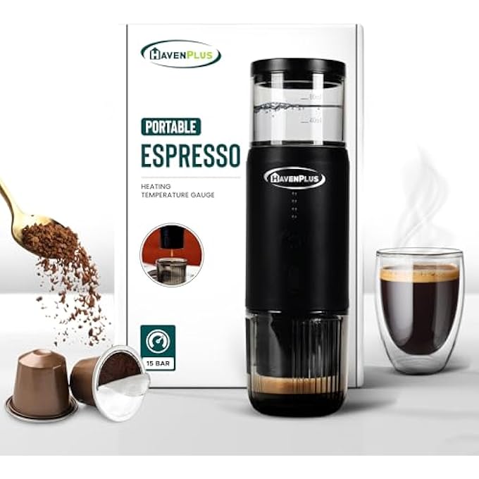 HavenPlus Portable Espresso Machine 34 Min SelfHeating 15Bar Pressure FoodGrade Stainless Steel 7500Mah BatteryIdeal For Travel Car Home  OfficeCompatible With Nespresso*  Ground Coffee - Image 1