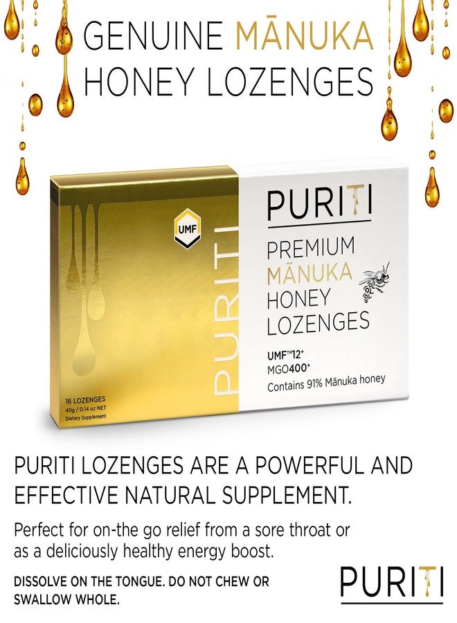 PURITI Premium Manuka Honey Lozenges High Potency - Sugar Free Drops | Genuine New Zealand Raw Manuka Honey Soothers for Coughs & Sore Throats | UMF Certified MGO 400+ UMF12+ (16 Pack) - Image 3