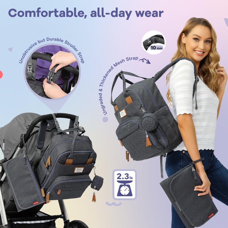 RUVALINO Diaper Bag Backpack - All-in-One Travel Backpack for Girl, Baby Bag for Mom, Multifunction Waterproof Backpack with Changing Pad, Stroller Strap, Pacifier Case - Baby Shower Gifts - Dark Gray - Image 2