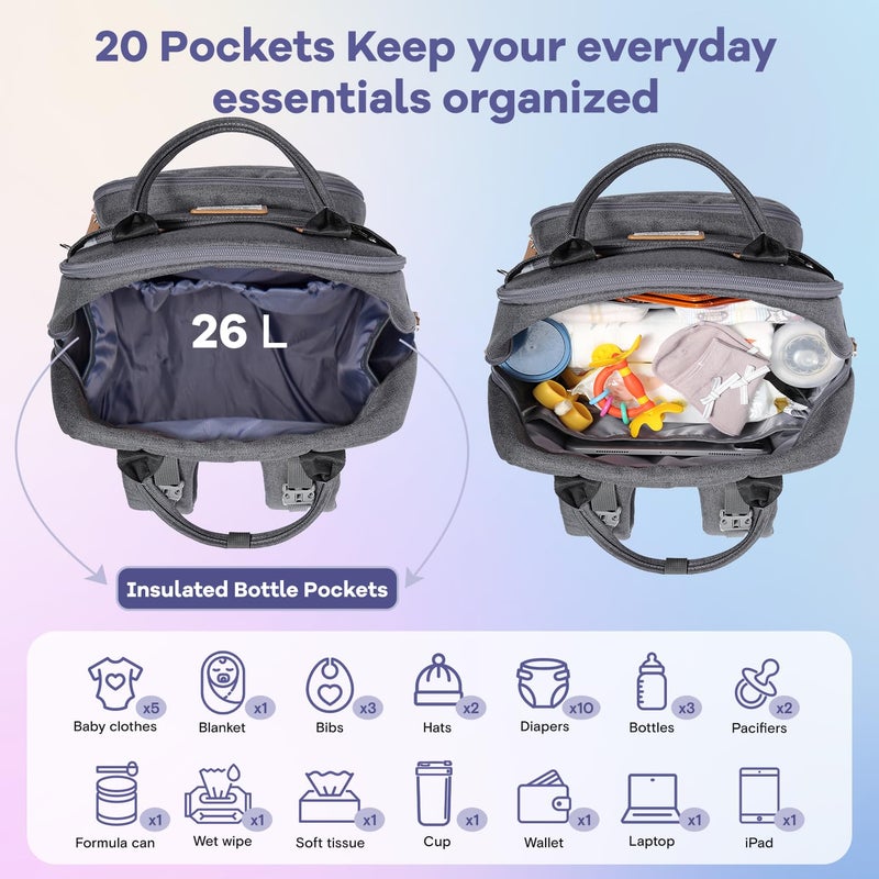 RUVALINO Diaper Bag Backpack - All-in-One Travel Backpack for Girl, Baby Bag for Mom, Multifunction Waterproof Backpack with Changing Pad, Stroller Strap, Pacifier Case - Baby Shower Gifts - Dark Gray - Image 5