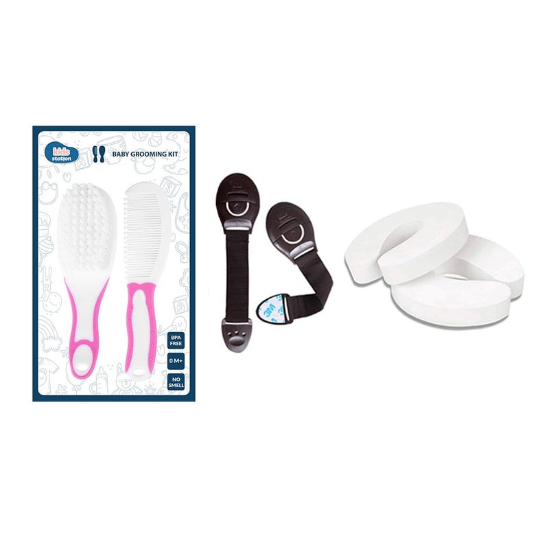 Chipmunks Baby Proofing Finger Pinch Door Guard for Kids Safety, Made in India, Door Stopper Guard for Accidental Door Lock & Slamming for Child, Babies & Pet Safety (Multi, 2 Lock Brown+2 Door Stopper+1 Grooming Kit Pink) - Image 1