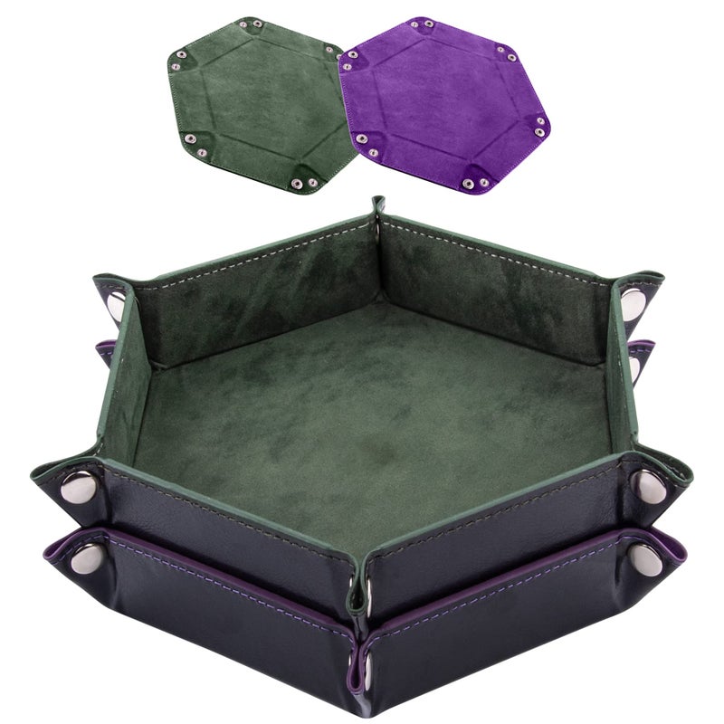 SIQUK 2 Pieces Dice Tray PU Leather Dice Trays Portable Folding Hexagon Dice Roller Tray for Dice Games Like RPG DND and Other Table Games Dark Green Violet