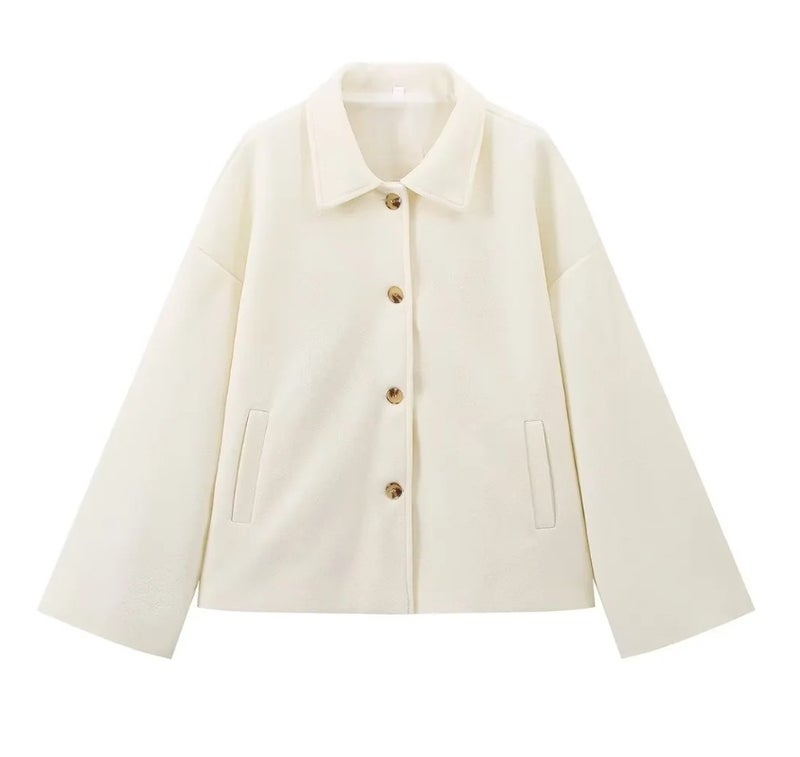 Cross-border European and American womens AliExpress explosion lapel button loose woolen cloth coat Off-white  - Image 1