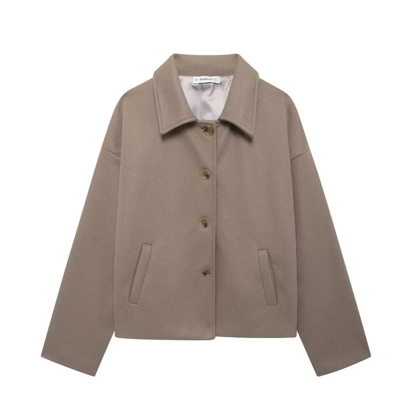 Cross-border European and American womens AliExpress explosion lapel button loose woolen cloth coat Off-white  - Image 2