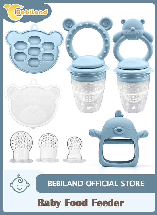Bebiland 7PCS Soft Silicone Teething Mitten for Infants, Baby Fruit Food Feeder with Freezer Trays, Safe BPA-Free Chewing Relief for 3+ Months (Blue)  - Image 1