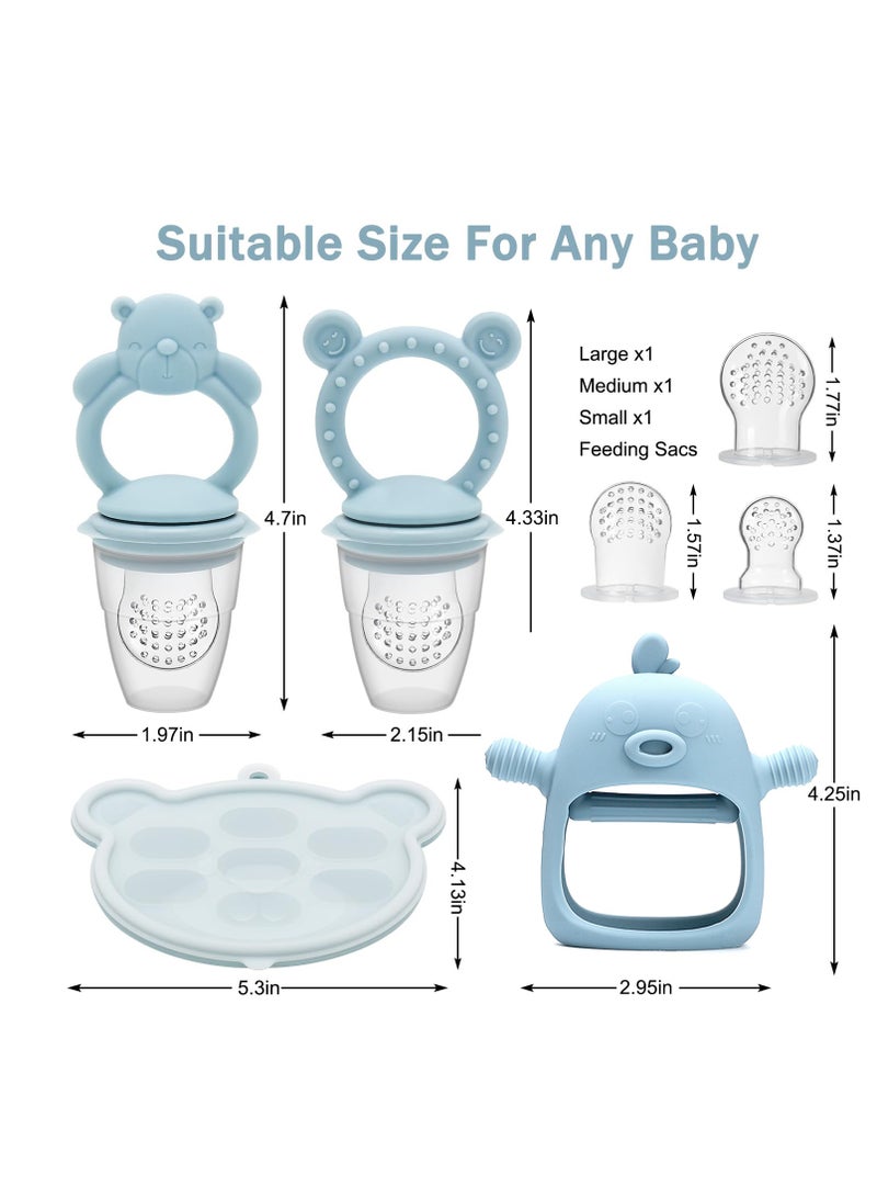 Bebiland 7PCS Soft Silicone Teething Mitten for Infants, Baby Fruit Food Feeder with Freezer Trays, Safe BPA-Free Chewing Relief for 3+ Months (Blue)  - Image 2