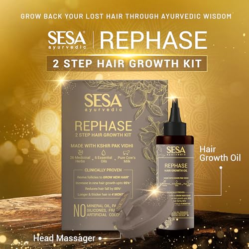 Sesa مجموعة زيت الشعر سيسا الأيورفيدي لإعادة التوازن بخطوتين مع 26 عشبة و 6 زيوت أساسية تعزز نمو الشعر وتقلل تساقط الشعر مع جهاز تدليك زيت شعر طبيعي للنساء والرجال، 100 مل أو 3.38 أونصة - Image 3