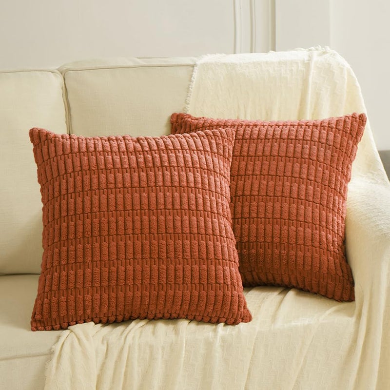 Fancy Homi 2 Packs Burnt Orange Decorative Throw Pillow Covers 18x18 Inch for Living Room Couch Bed Sofa Farmhouse Boho Fall Home Decor Soft Striped Corduroy Square Cushion Case 45x45 cm