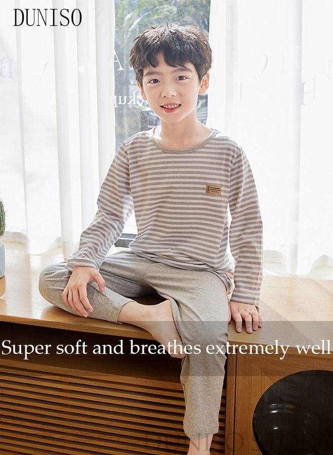 DUNISO 2-Piece Boy's Soft Pajamas Set Long Sleeve Cotton Sleepwear Loungewear Round Neck Nightwear Striped Pajama Sets Spring And Autumn Home Wear Long Sleeve Top And Pants - Image 2