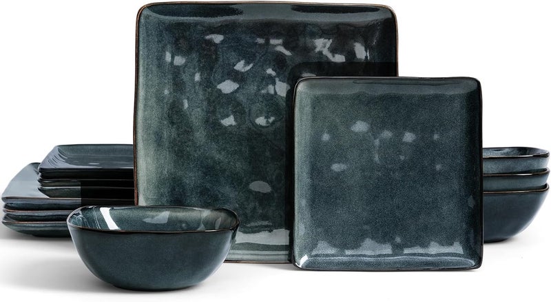 Famiware Dinnerware Sets for 4 Ocean Square 12Piece Kitchen Plates and Bowls Sets Reactive Glaze Microwave and Dishwasher Safe Scratch Resistant Deep Forest - Image 1