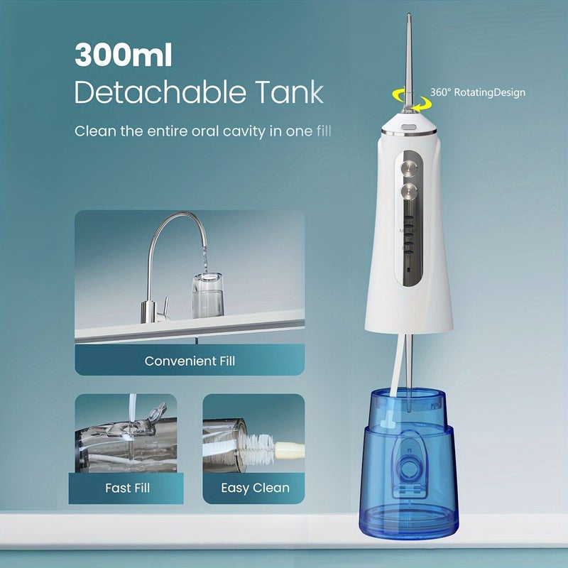 1pc Portable Electric Oral Irrigator White Blue Host With 4 Nozzles And Storage Case 5 Adjustable Modes USB Rechargeable 10.14oz Large Water Tank 360 Rotatable Nozzle IPX7 Water Flosser For Orthodontics Periodontal Pockets - Image 4