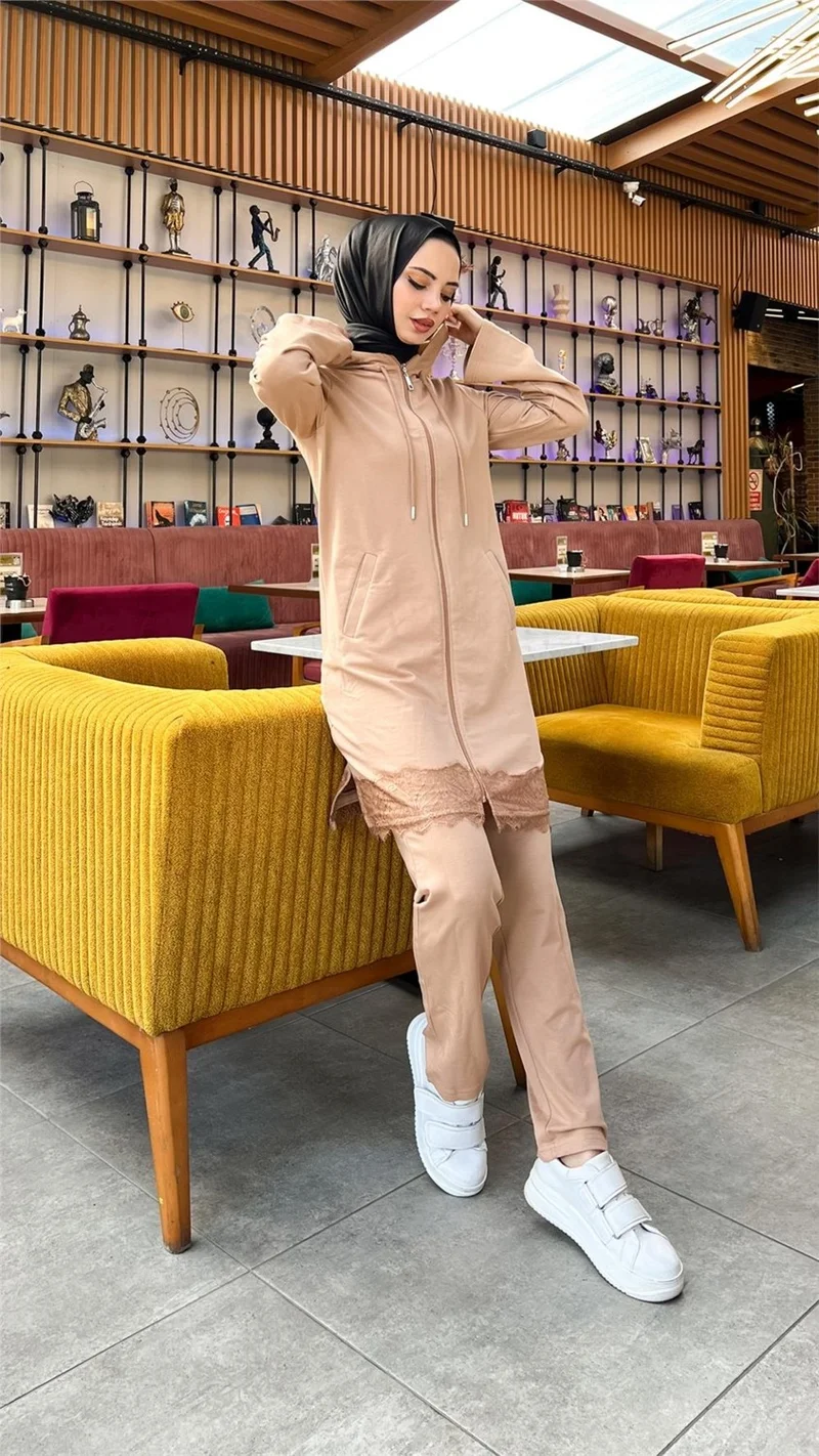 Bwest Zippered Hooded Lace Patterned Tunic Trousers Two Piece Sports Suit - 71158 - Beige