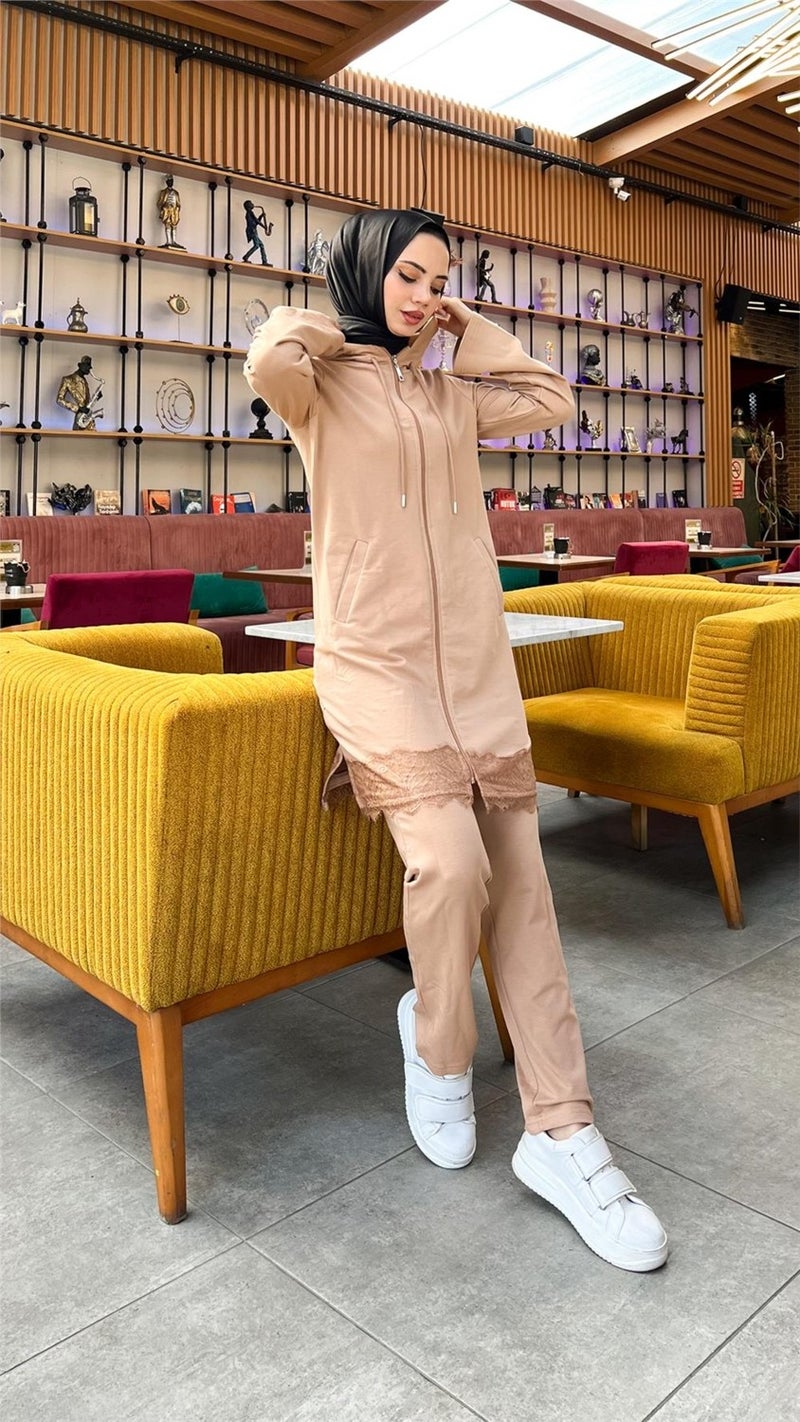 Bwest Zippered Hooded Lace Patterned Tunic Trousers Two Piece Sports Suit - 71158 - Beige - Image 4