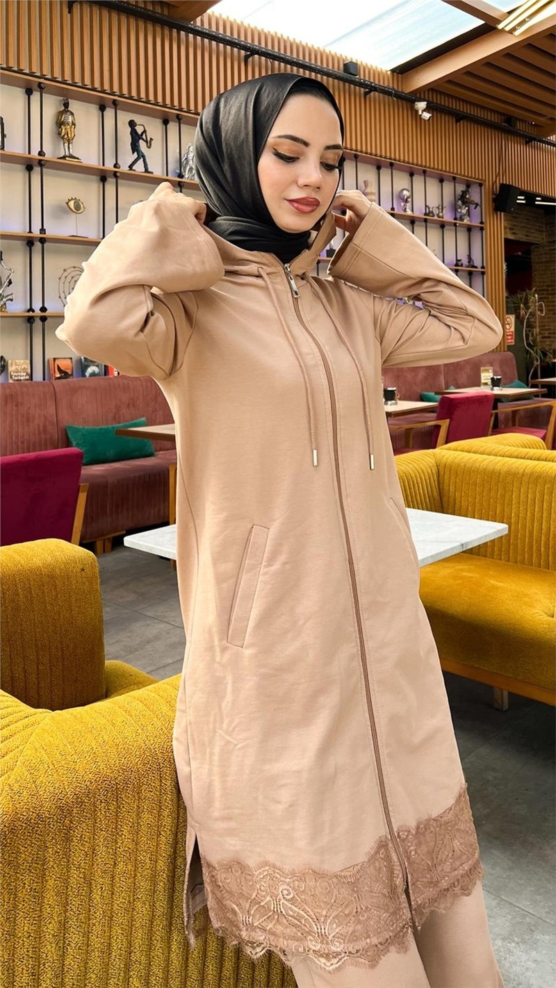 Bwest Zippered Hooded Lace Patterned Tunic Trousers Two Piece Sports Suit - 71158 - Beige - Image 5