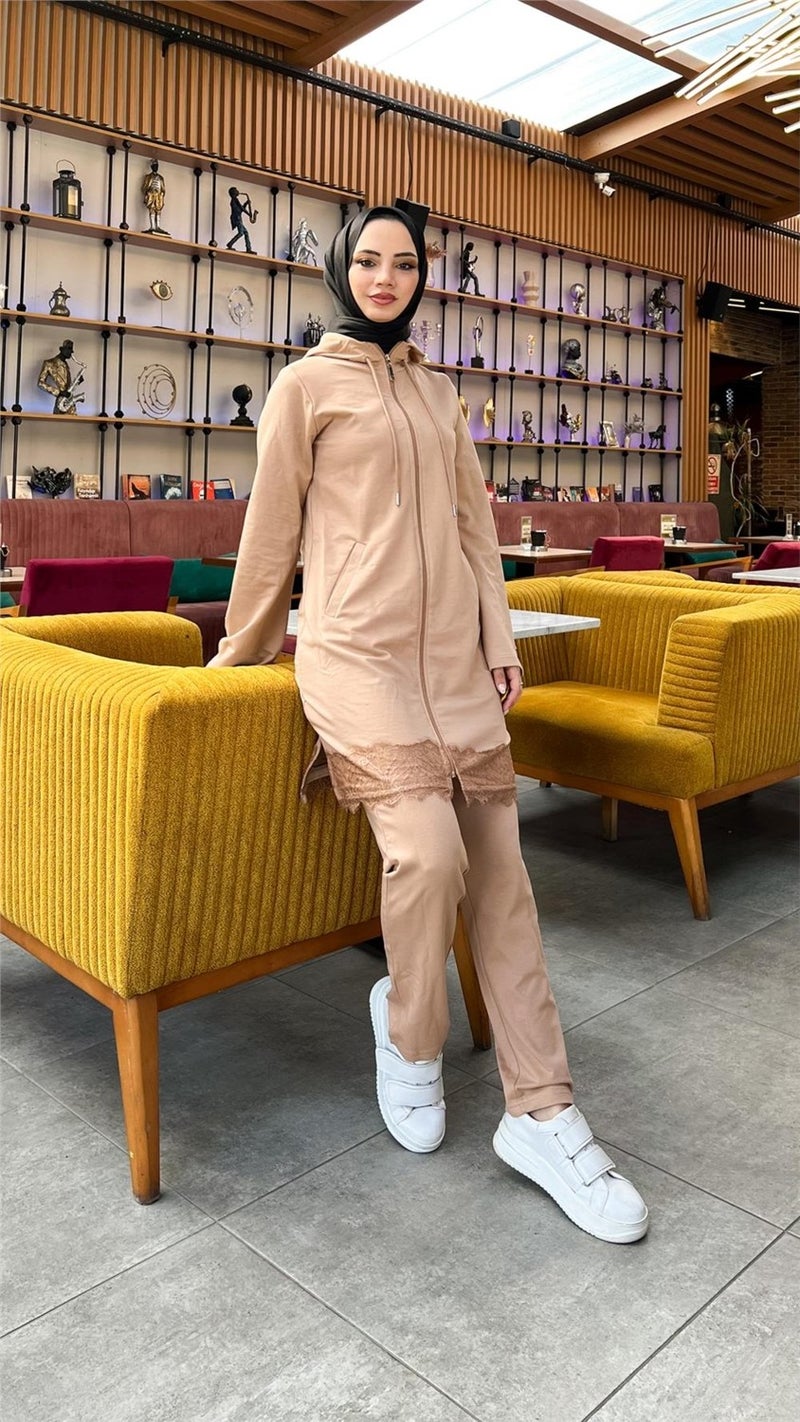 Bwest Zippered Hooded Lace Patterned Tunic Trousers Two Piece Sports Suit - 71158 - Beige - Image 3
