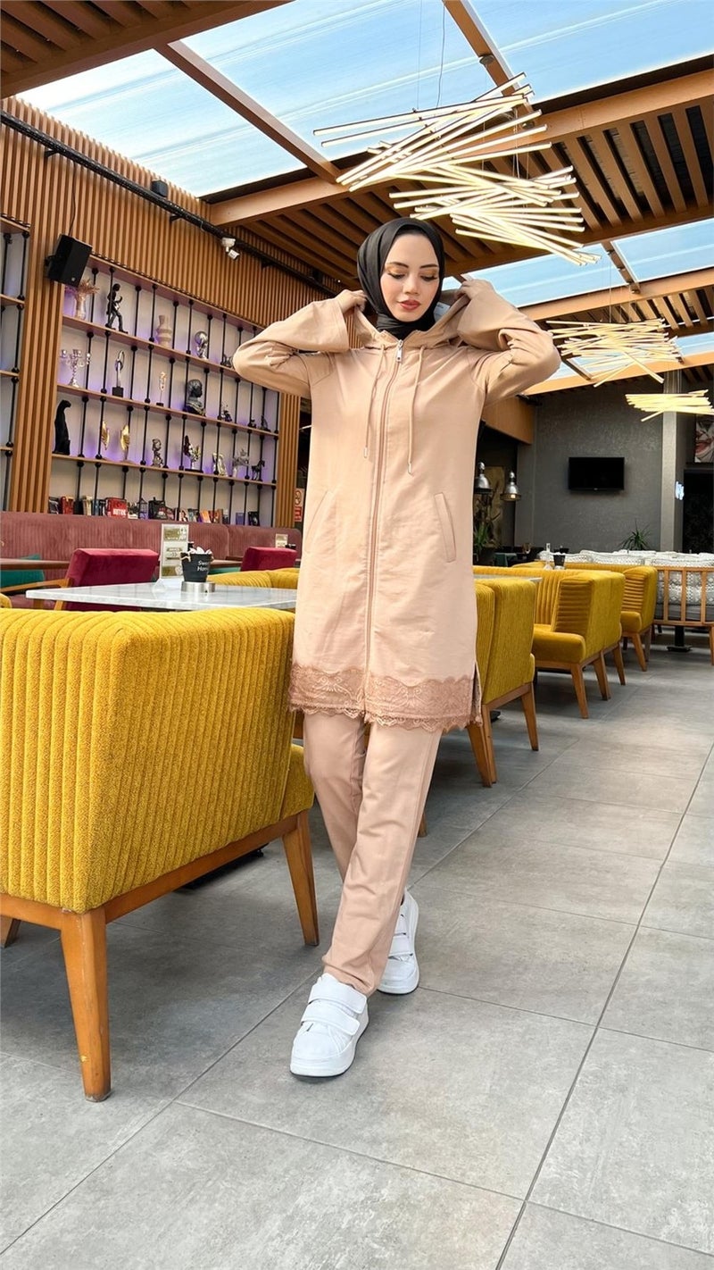 Bwest Zippered Hooded Lace Patterned Tunic Trousers Two Piece Sports Suit - 71158 - Beige - Image 2