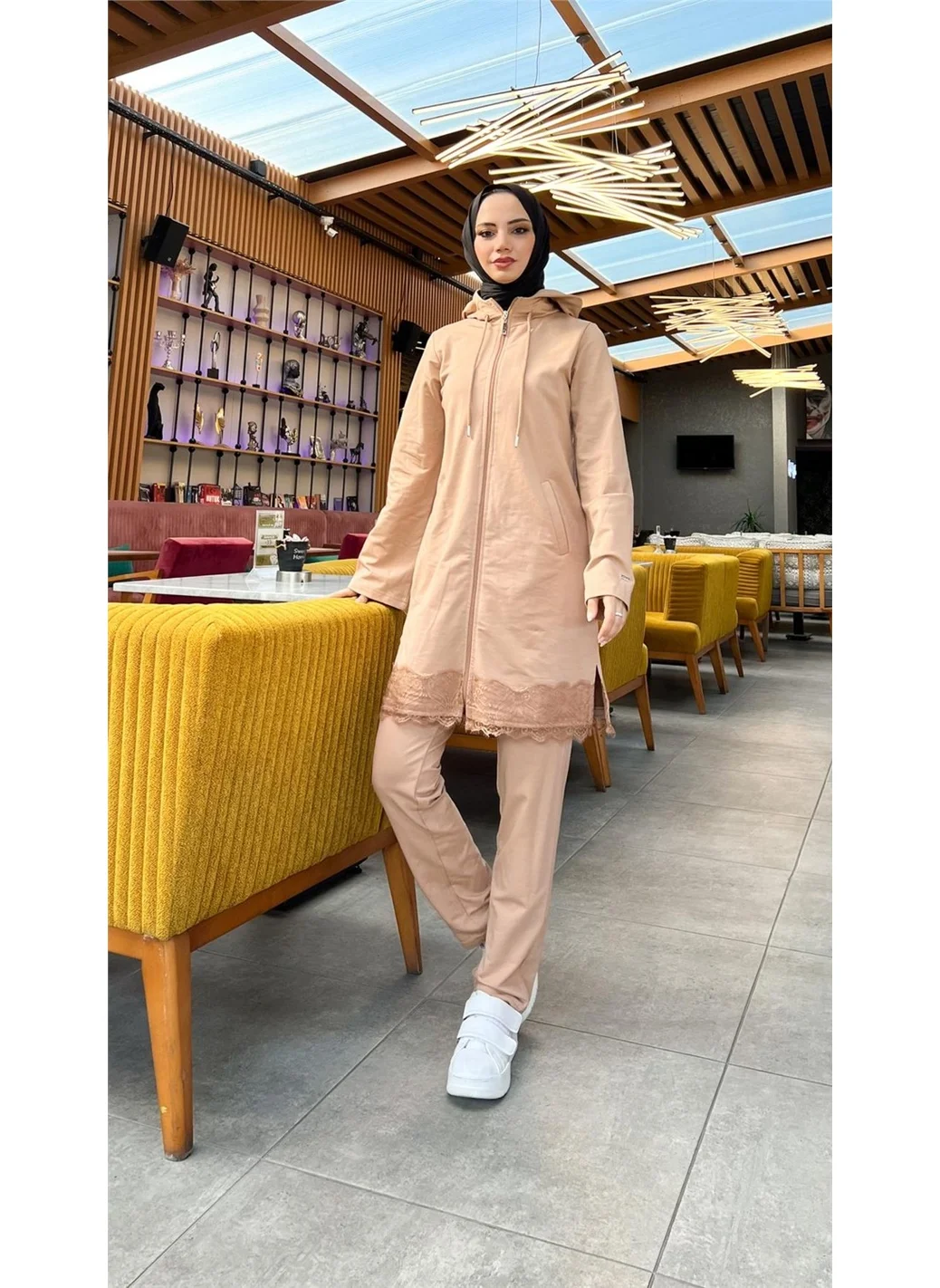 Bwest Zippered Hooded Lace Patterned Tunic Trousers Two Piece Sports Suit - 71158 - Beige