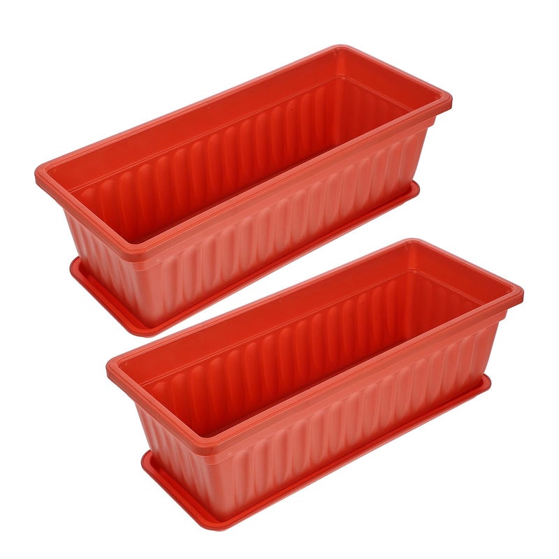 2PCS Large Plastic Rectangular Planters with Saucers for Indoor Outdoor Garden Windowsill Balcony Brick Red - Image 2