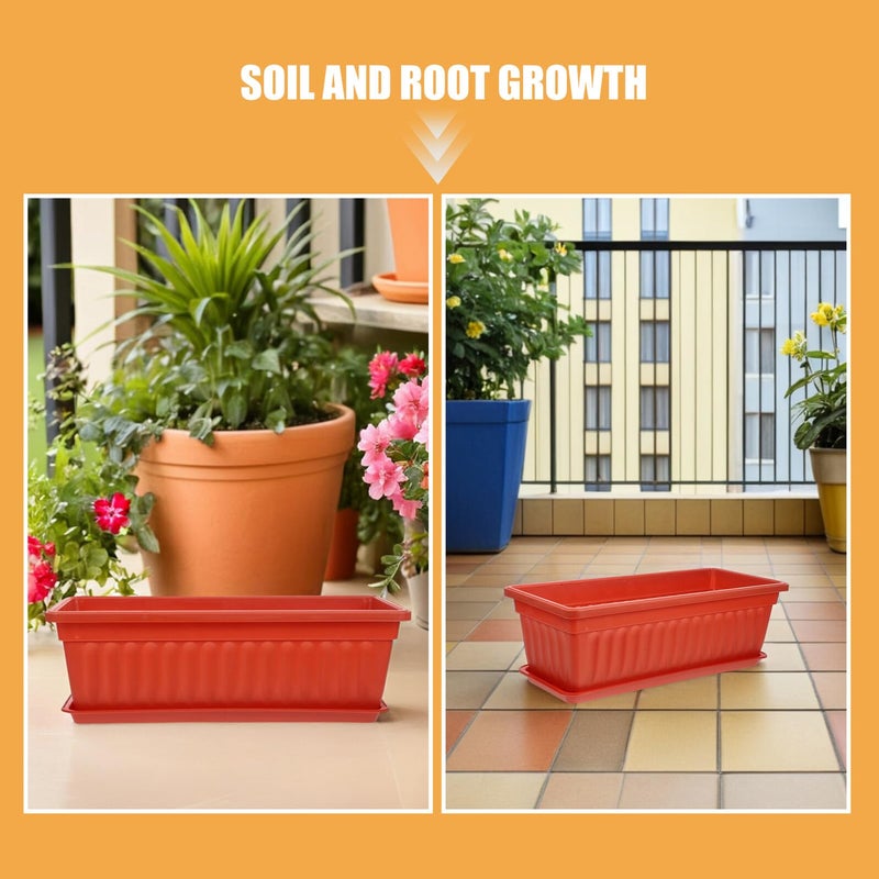 2PCS Large Plastic Rectangular Planters with Saucers for Indoor Outdoor Garden Windowsill Balcony Brick Red - Image 4