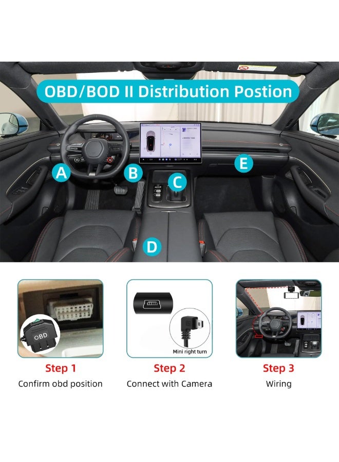 فيلارو طقم توصيل كاميرا السيارة Mini-USB OBD، موصل بزاوية 90 درجة، كابل طاقة بطول 11 قدمًا من 12-24 فولت إلى 5 فولت، يدعم وضع ركن السيارة، سهل التركيب، حماية من انخفاض الجهد - Image 2