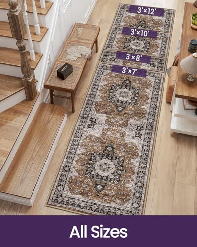 DEXI Hallway Washable Runner Rug 3x7 Vintage Farmhouse Thin Kitchen Runner with Non Slip Backing Soft Entryway Floor Rug Stain Resistant Distressed Carpet for Bedroom Living Room Brown - Image 3