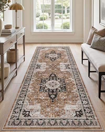 DEXI Hallway Washable Runner Rug 3x7 Vintage Farmhouse Thin Kitchen Runner with Non Slip Backing Soft Entryway Floor Rug Stain Resistant Distressed Carpet for Bedroom Living Room Brown - Image 1