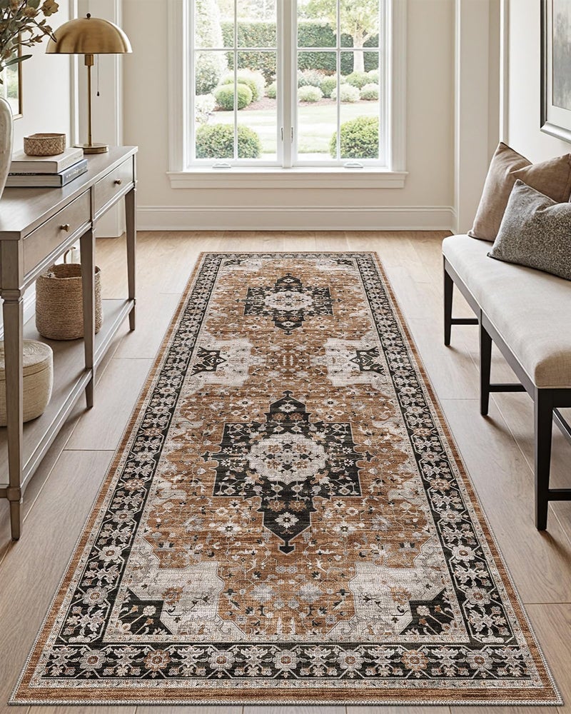 DEXI Hallway Washable Runner Rug 3x7 Vintage Farmhouse Thin Kitchen Runner with Non Slip Backing Soft Entryway Floor Rug Stain Resistant Distressed Carpet for Bedroom Living Room Brown - Image 2
