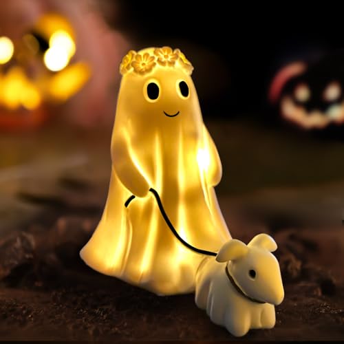 RWSEFK Display Statue Nightlight Ghost Walking Dog Warm Lighted Indoor Figurine Lamps Halloween Decors Spooky Dog Light Cute Decorations for Party Home Bedroom Shelf Table Centerpiece Girl