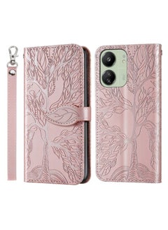 HuHa Case Cover For Xiaomi Redmi 13C 4G / 5G Life Tree Embossing Pattern Leather Phone Case Rose Gold 