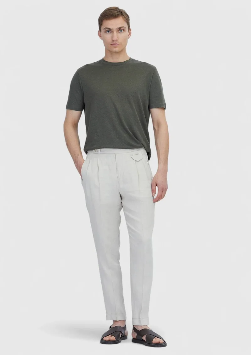 RAMSEY Khaki Plain Crew Neck 100% Linen T-Shirt