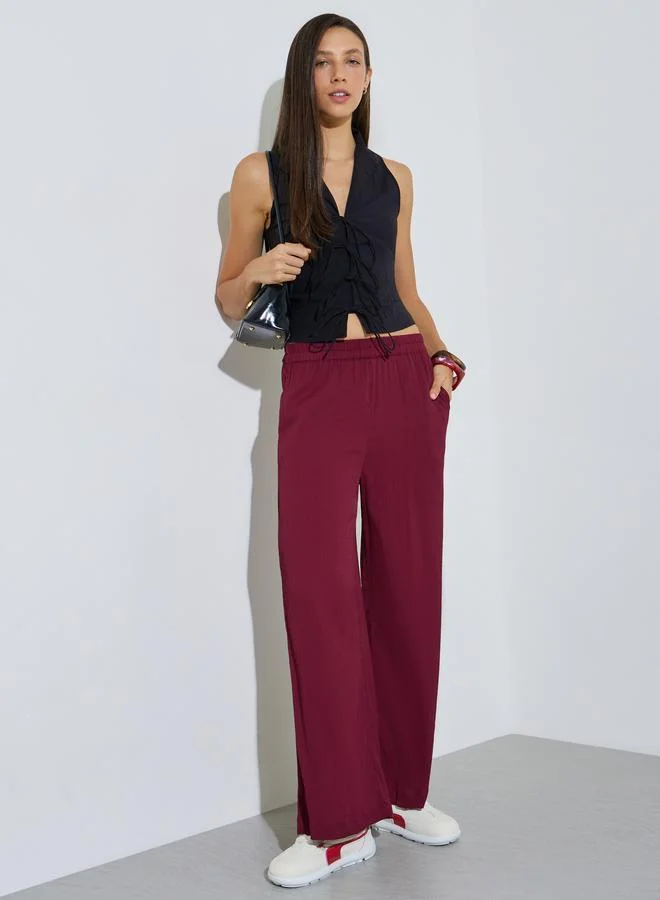 Styli Burgundy Wide Leg Pants with Elastic Waist