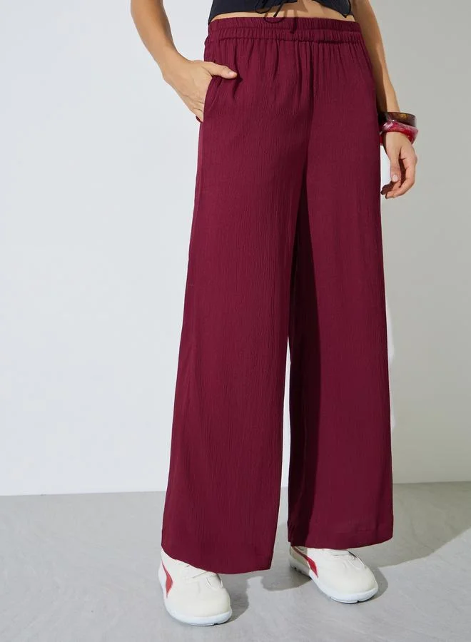 Styli Burgundy Wide Leg Pants with Elastic Waist