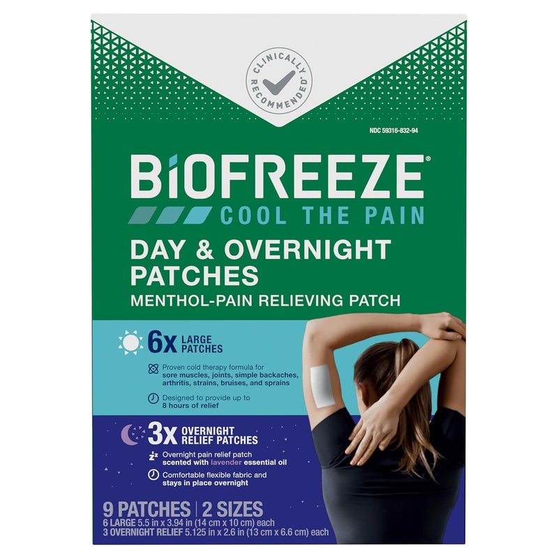 Biofreeze Day  Overnight Pain Relief Patches Menthol Pain Patches for Arthritis  Muscle Pain Relief Comfortable  Flexible Fabric Stays in Place FSAHSA Eligible 9 Patches 6 Day 3 Night - Image 1