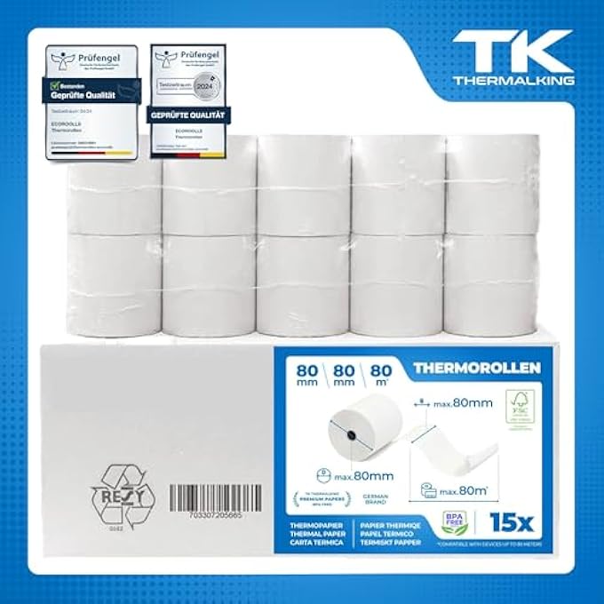 15 X PREMIUM THERMAL ROLLS 80 MM X 80 MM X 12 MM - THERMAL PAPER RECEIPT ROLLS (80 80 12) - CERTIFIED FOR CASH REGISTERS SUCH AS EPSON, IBM, METAPACE ETC. - Image 2