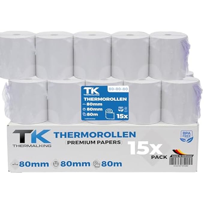 15 X PREMIUM THERMAL ROLLS 80 MM X 80 MM X 12 MM - THERMAL PAPER RECEIPT ROLLS (80 80 12) - CERTIFIED FOR CASH REGISTERS SUCH AS EPSON, IBM, METAPACE ETC. - Image 1