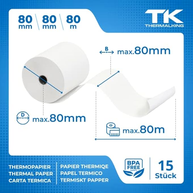 15 X PREMIUM THERMAL ROLLS 80 MM X 80 MM X 12 MM - THERMAL PAPER RECEIPT ROLLS (80 80 12) - CERTIFIED FOR CASH REGISTERS SUCH AS EPSON, IBM, METAPACE ETC. - Image 3