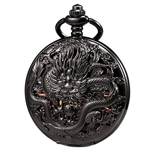 TREEWETO Mens Womens Antique Skeleton Mechanical Pocket Watch 3D Dragon Case with Chain Box - Image 1