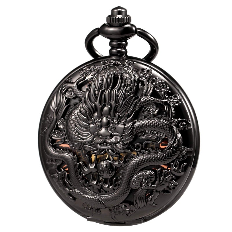 TREEWETO Mens Womens Antique Skeleton Mechanical Pocket Watch 3D Dragon Case with Chain Box - Image 2