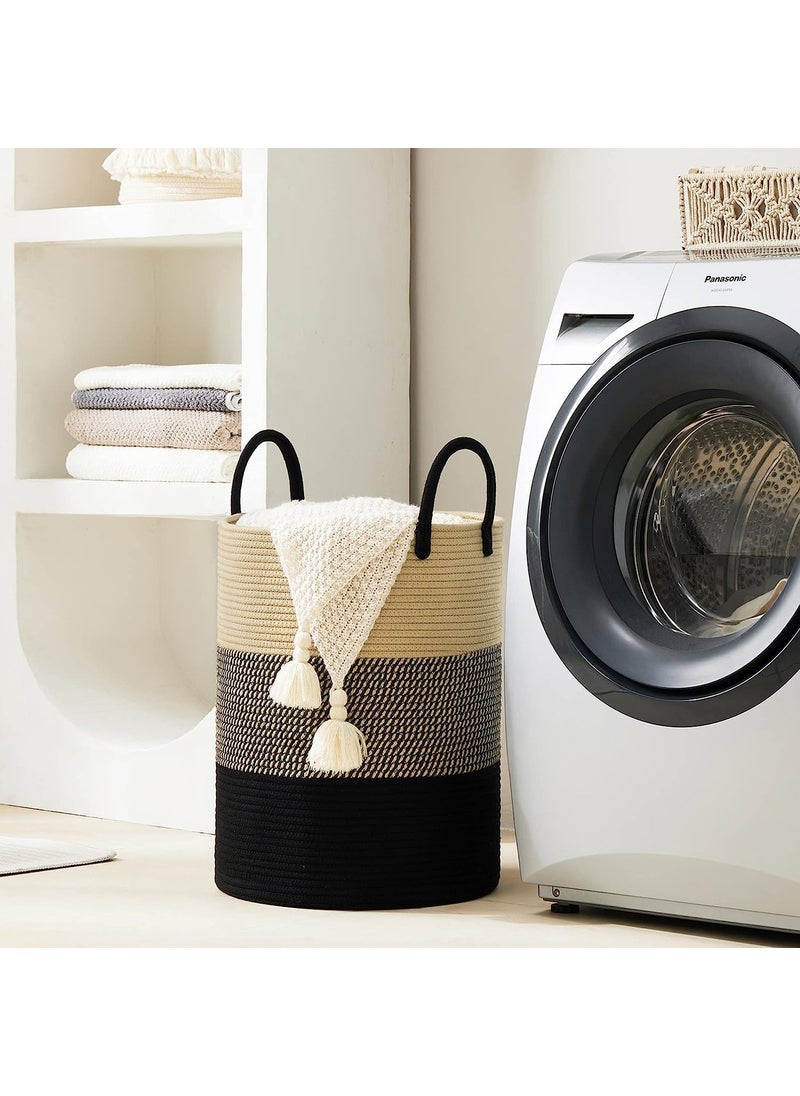 HOME FIESTA THE FIRST HOME DECOR Large Woven Rope Laundry Basket Blanket Storage Basket Decorative Storage Laundry Hamper for Pillows Toys Towels and Living Room 72L 14 x22 black brown  - Image 4