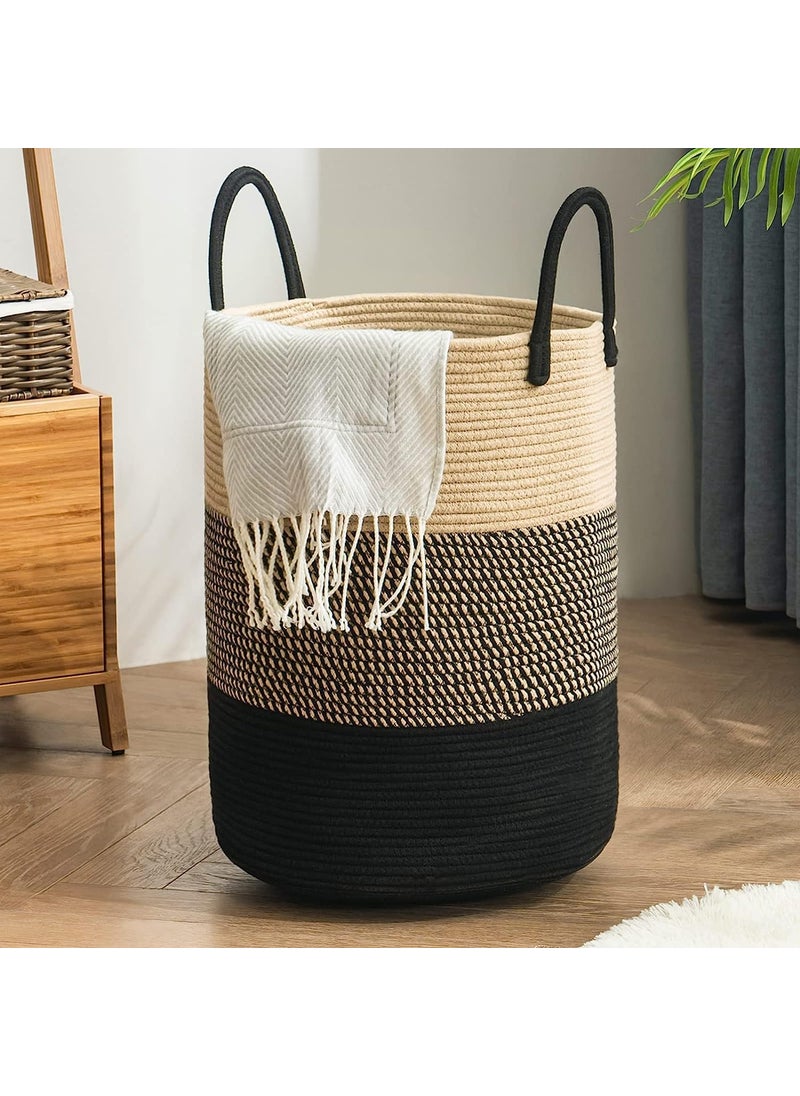 HOME FIESTA THE FIRST HOME DECOR Large Woven Rope Laundry Basket Blanket Storage Basket Decorative Storage Laundry Hamper for Pillows Toys Towels and Living Room 72L 14 x22 black brown  - Image 1
