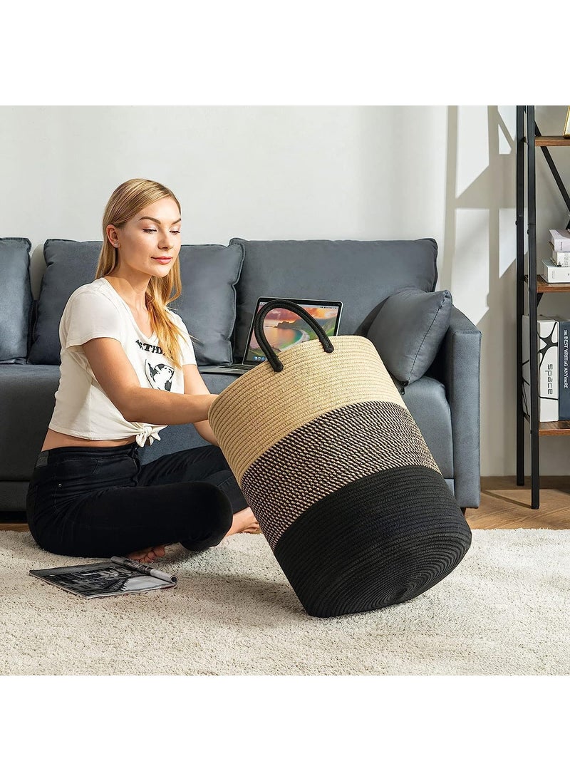 HOME FIESTA THE FIRST HOME DECOR Large Woven Rope Laundry Basket Blanket Storage Basket Decorative Storage Laundry Hamper for Pillows Toys Towels and Living Room 72L 14 x22 black brown  - Image 3