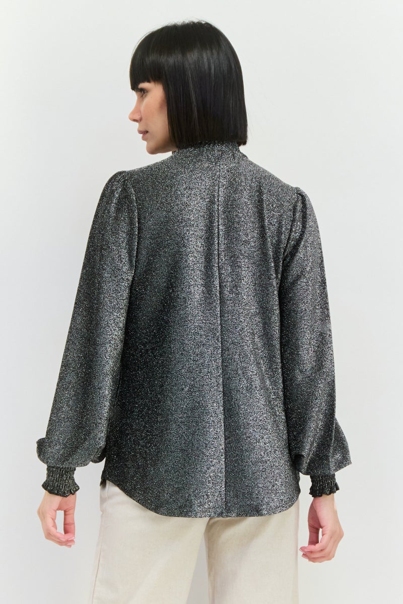 Love Scarlett Women High Neck Long Sleeves Metallic Blouse, Black - Image 2